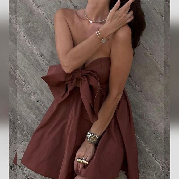 Zara CUT OUT BOW TAFFETA DRESS brown - Picture 4 of 10